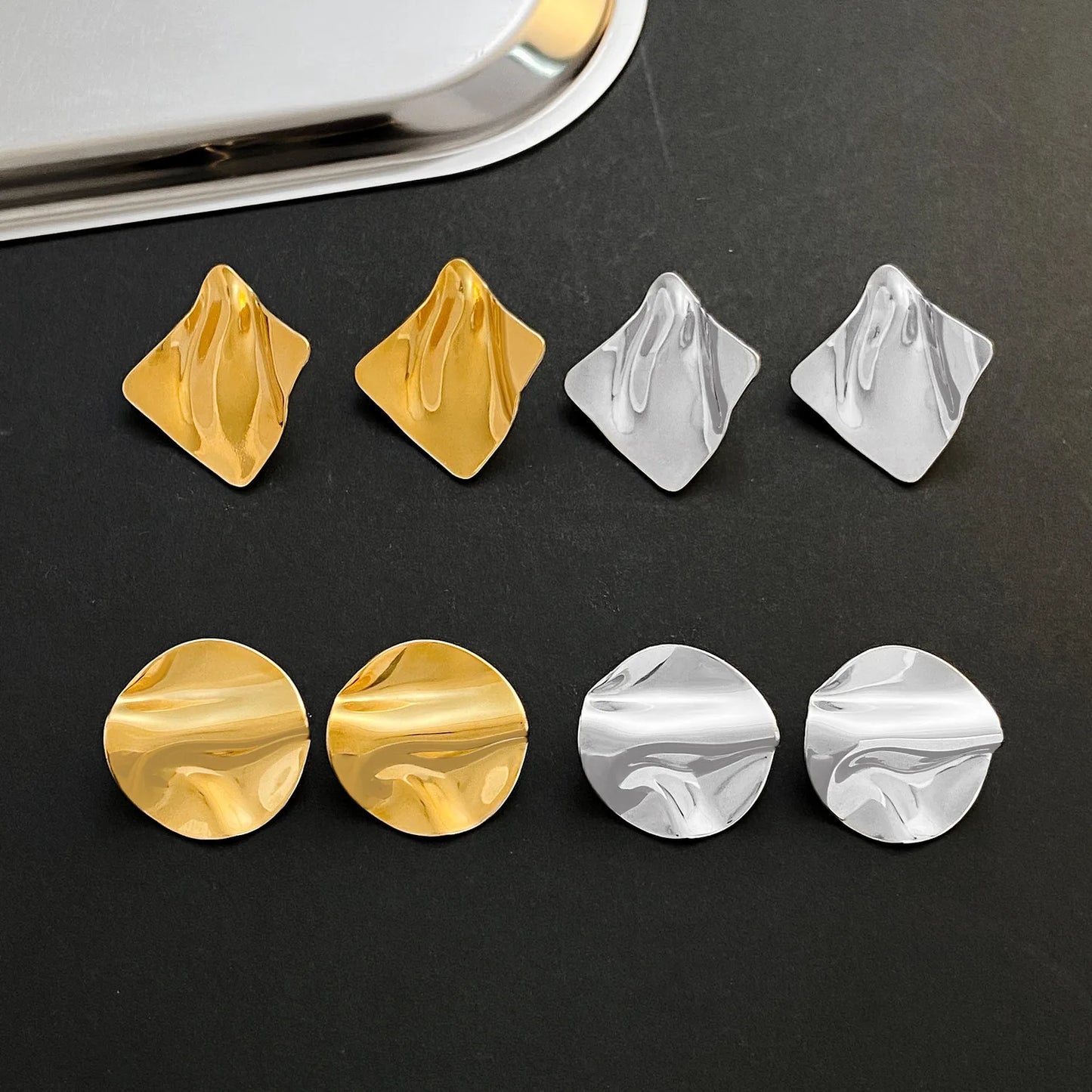 Vintage Pleated Geometric Earrings – Stainless Steel Statement Studs