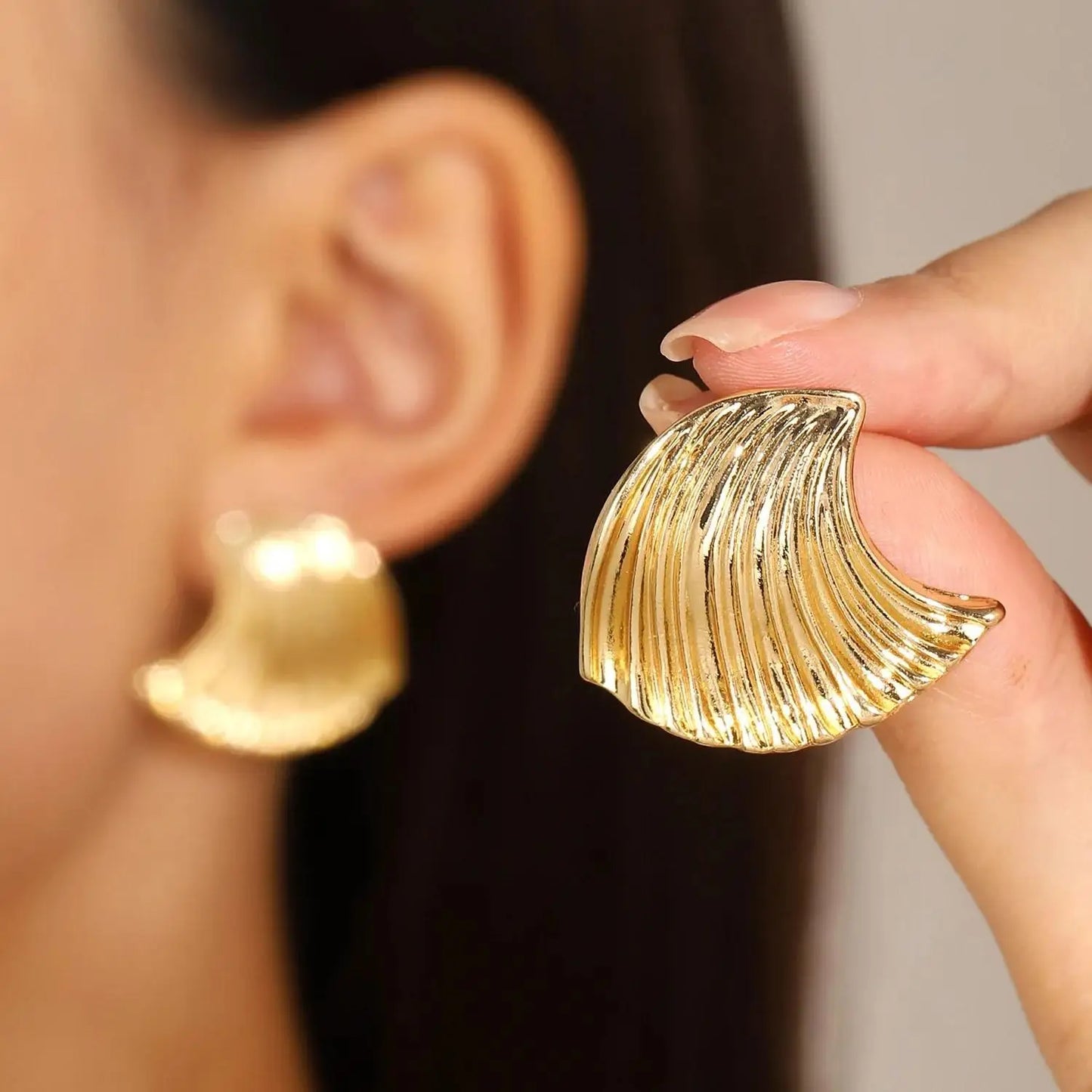 Vintage Pleated Geometric Earrings – Stainless Steel Statement Studs