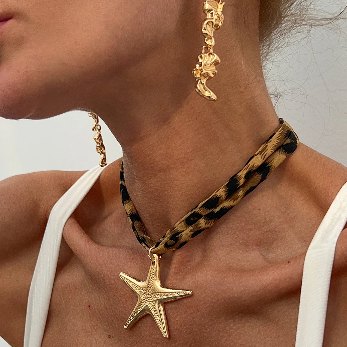 Leopard Velvet Pendant Choker Necklace | Starfish, Heart, Spiral, Cross