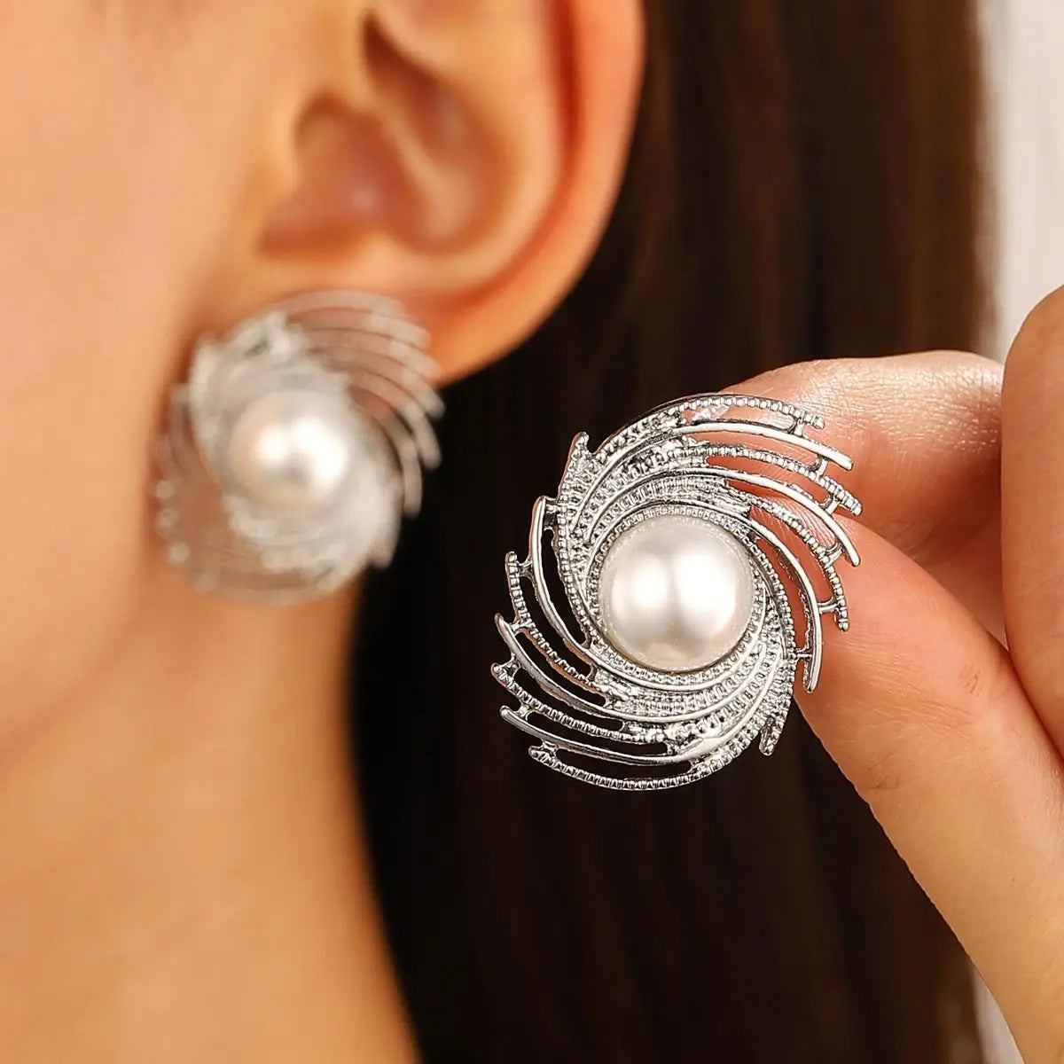 Vintage Pleated Geometric Earrings – Stainless Steel Statement Studs