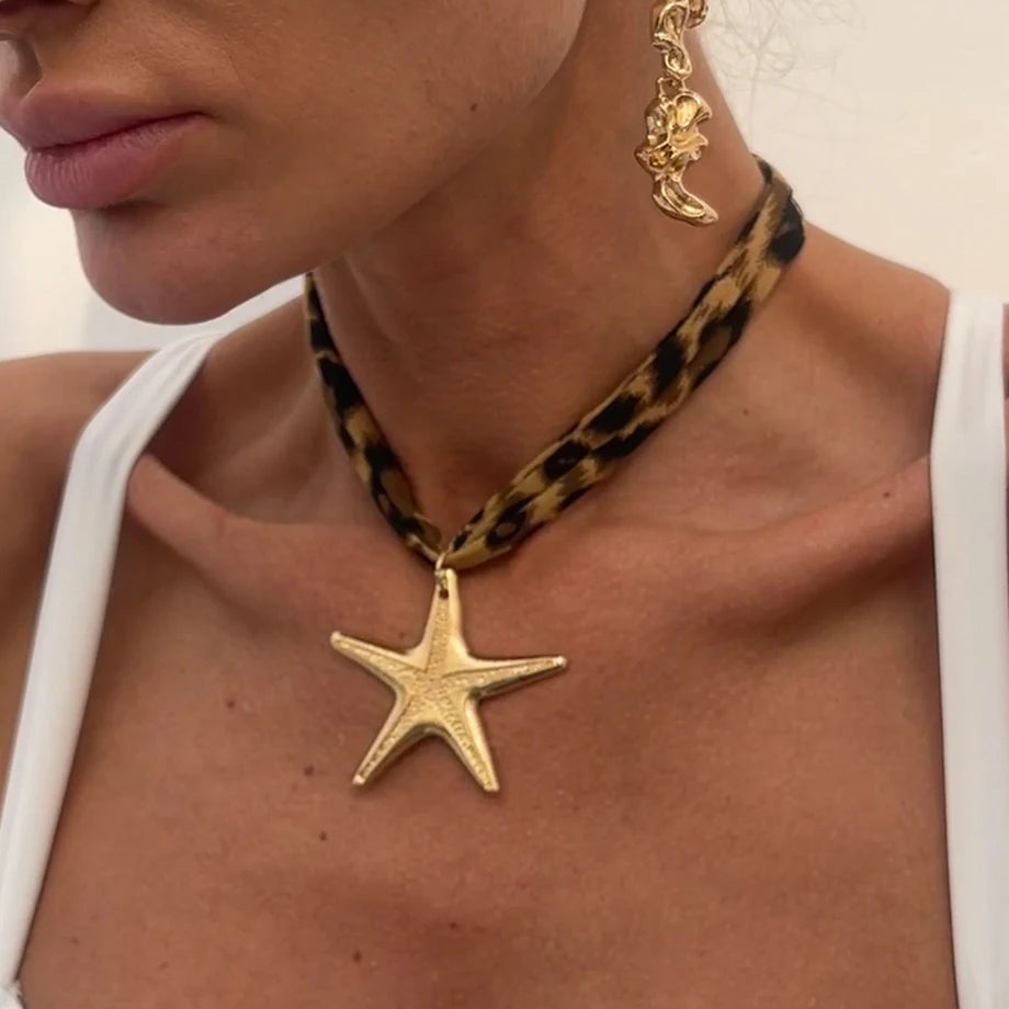 Leopard Velvet Pendant Choker Necklace | Starfish, Heart, Spiral, Cross
