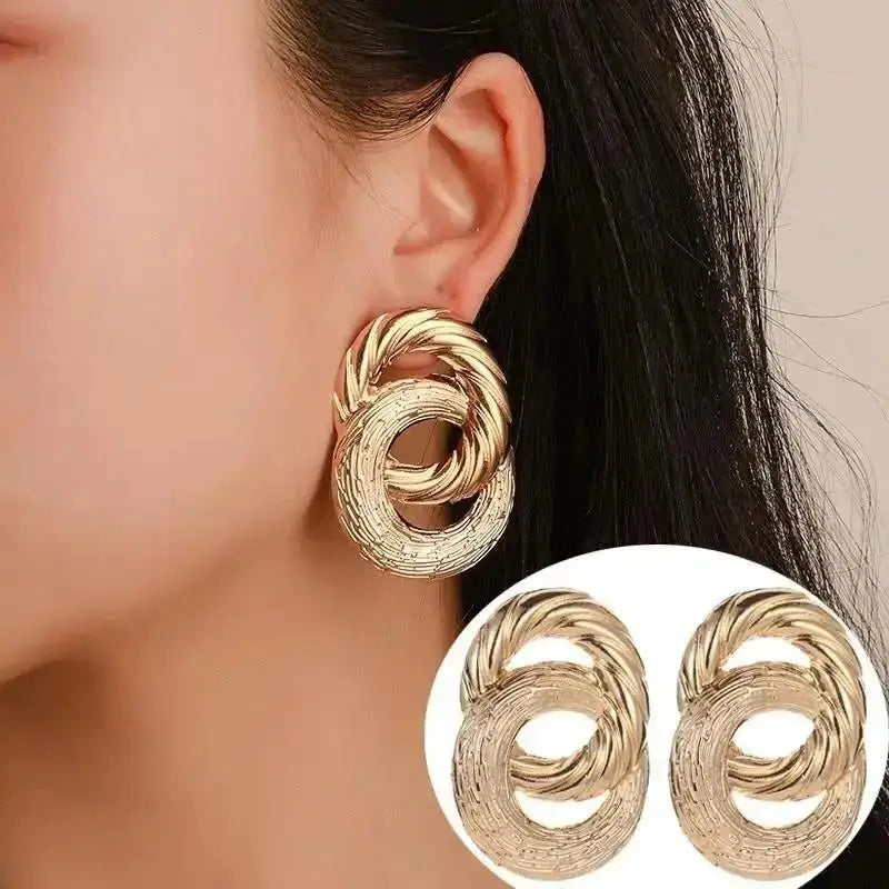 Vintage Pleated Geometric Earrings – Stainless Steel Statement Studs