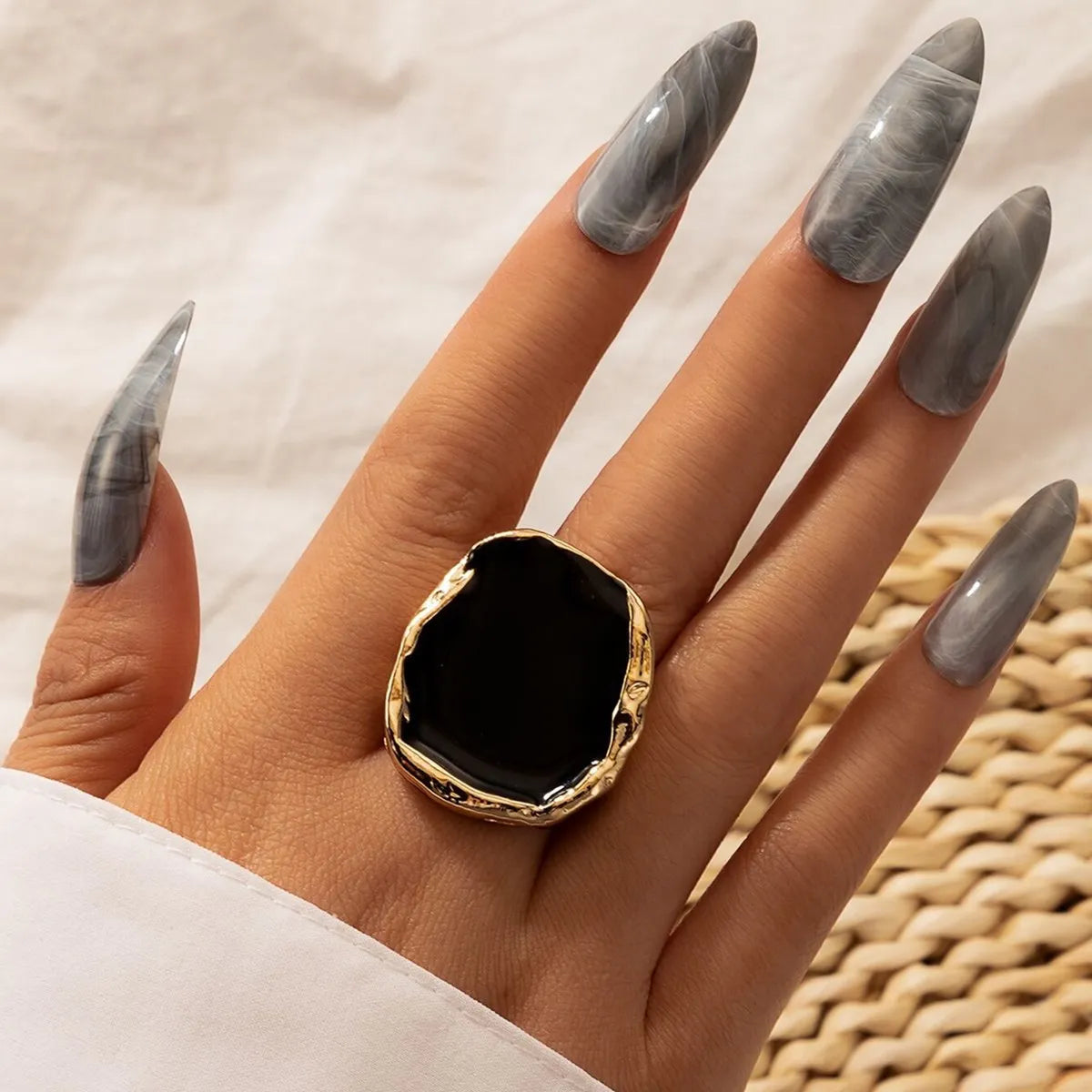 Obsidian Flame – Bold Statement Ring in Black & Pearl