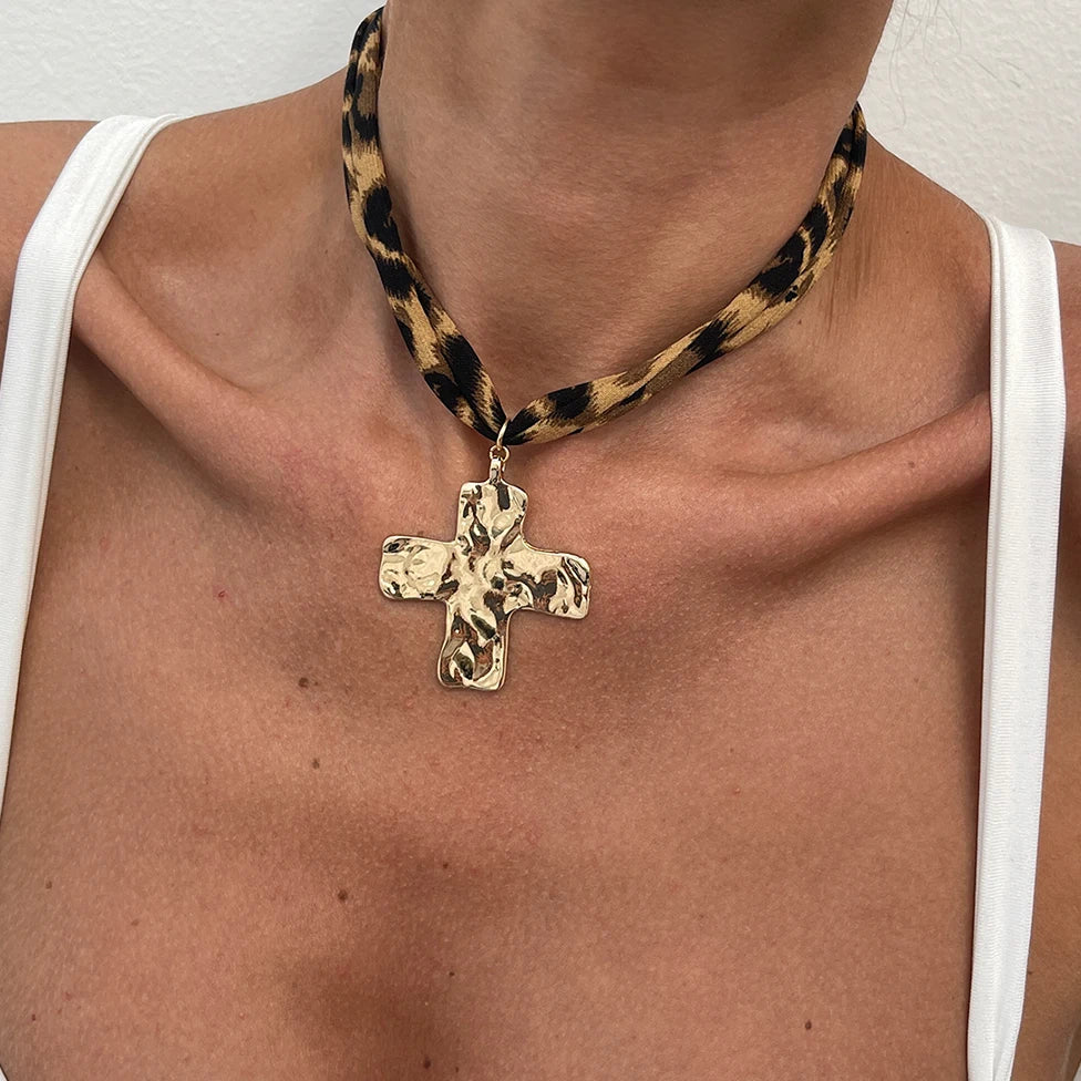 Leopard Velvet Pendant Choker Necklace | Starfish, Heart, Spiral, Cross