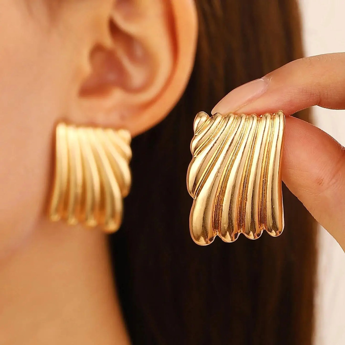 Vintage Pleated Geometric Earrings – Stainless Steel Statement Studs